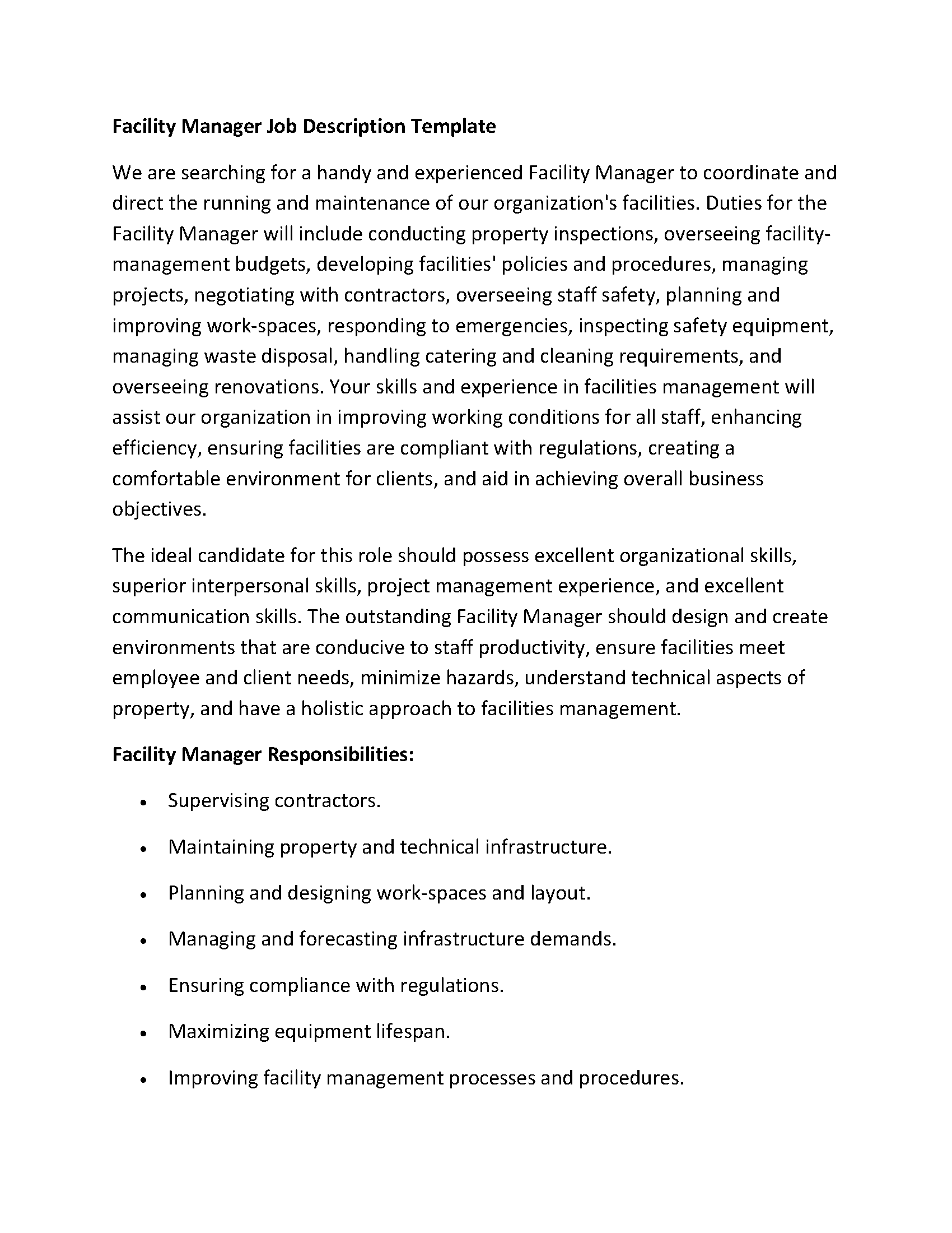 Facility Manager Job Description Template